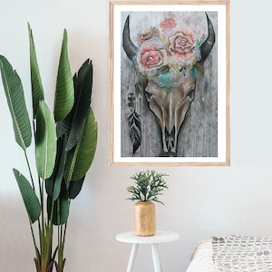 BOHO SKULL: flower crown, skull, bohemian, floral wall art