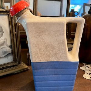 Vintage Blue & White Universal Potteries Jug Pitcher w Red Stopper, Mid Century Water Jug, Beverage Pitcher, USA Made
