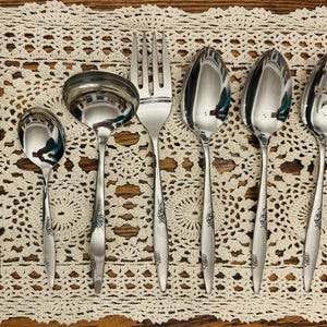 Vintage Stainless Flatware ROSE DUET Fashion Manor Oneida 7 Pc Completer Serving Set, Retired 1990s Stainless Steel Silverware USA Made