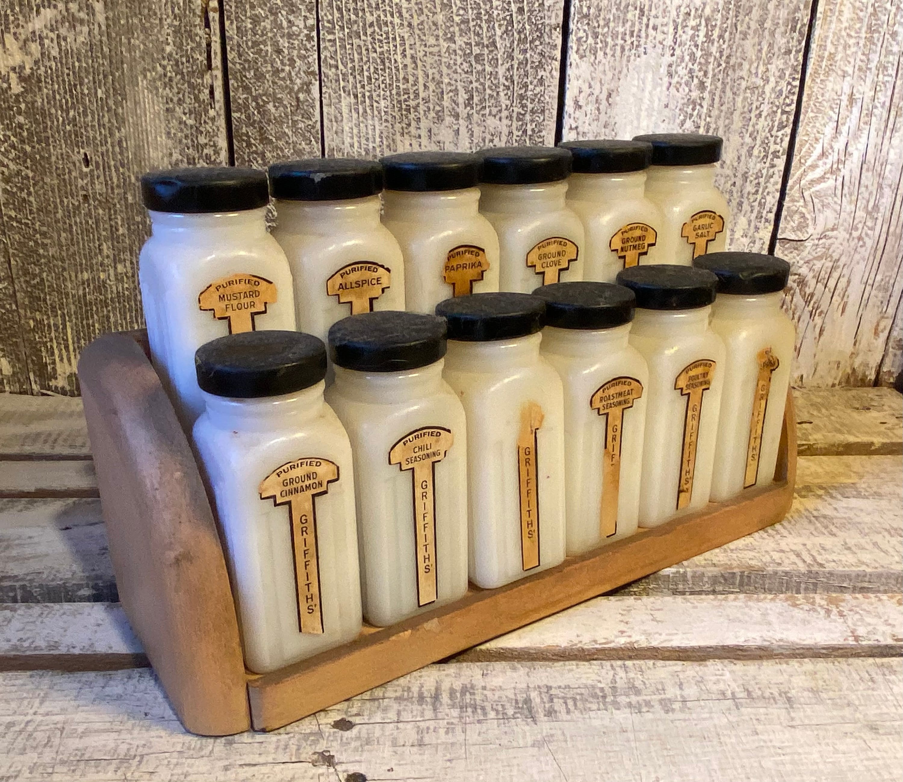 VINTAGE GRIFFITH SET OF 12 MILK GLASS SPICE JARS With Wooden Rack Red and  White