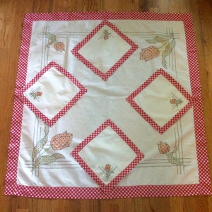 Vintage 38” Square Tablecloth and Four Napkins Set Embroidered w Red Gingham Trim, Cottage Core Grandma Core Boho Farmhouse Decor
