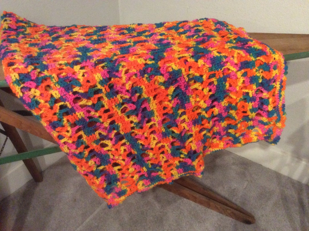 Vintage Knit Afghan Granny Chic Bright Bold Colors 68 X 54, Orange Pink