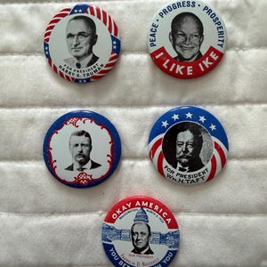 May include: Five circular political campaign buttons featuring portraits of U.S. presidents. Buttons include Harry S. Truman, Dwight D. Eisenhower with text 'I Like Ike', Theodore Roosevelt, William H. Taft, and Franklin D. Roosevelt with 'Okay America'.
