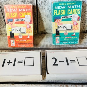 Vintage Math Addition and Subtraction Boxed Flash Cards Milton Bradley, Two Boxed Sets of Math Flash Cards for Grades 2 - 6