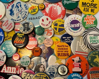 Vintage Style Pinback Buttons - 60s 70s 80s Misc. Novelty Pins
