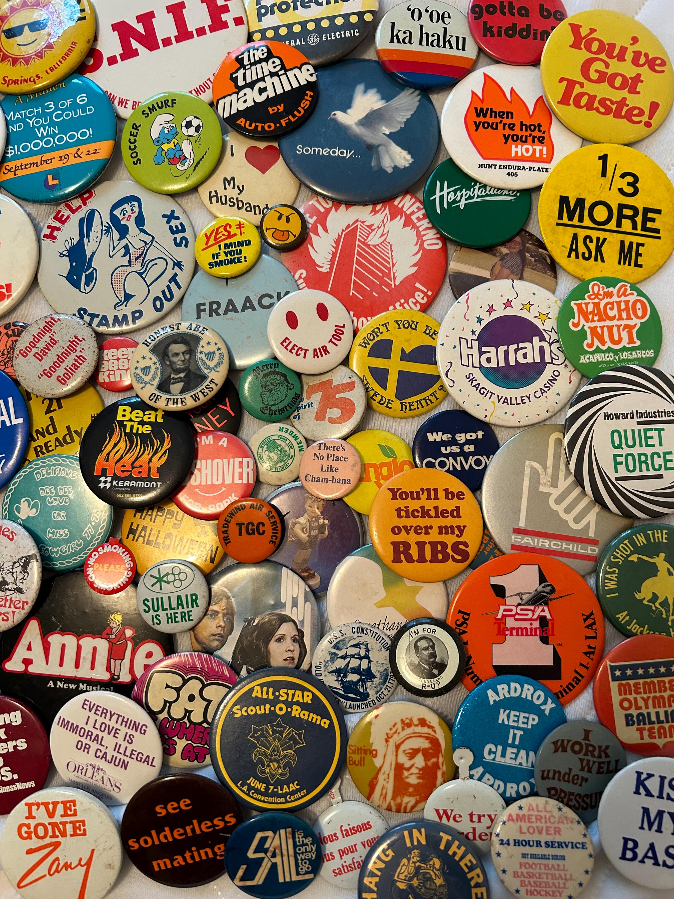 Vintage Pinback Button Collection: 1960s-90s Political, Comedy