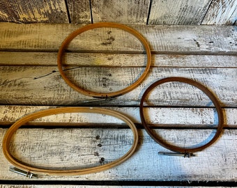 Vintage Wood Embroidery Hoops x 3, 6” 8”Round 5 x 9” Oval Wood Hoops w Long Silver Toggle Tighteners