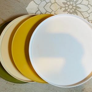May include: A collection of five round plates in varying colors: olive green, cream, yellow, and white. The plates are arranged in a semi-circular pattern, showcasing their different hues and simple design. Ideal for serving food.