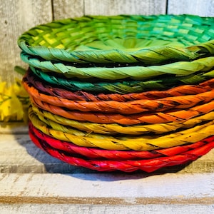 Vintage Colored Rattan Wicker Paper Plate Holders x 11, Orange Red Yellow Green Paper Plate Trays
