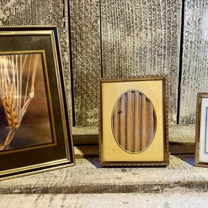May include: Three vintage picture frames of varying sizes and shapes. The largest frame has a gold border and a black mat, displaying a close-up of wheat. The middle frame is oval, and the smallest has a blue and white border.