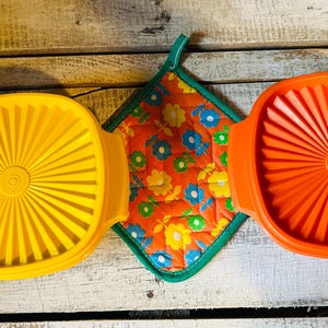 Vintage Two Tupperware Orange Servalier Bowls w Lids in Yellow & Orange, Pair Harvest Colored Small  Store n Serve Bowls Tupperware