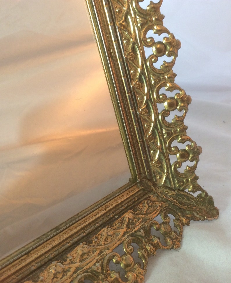 Vintage Ornate Gold Filagree Metal Framed Mirror Or Tray 16 X Vintage Ornate Gold Filagree Metal