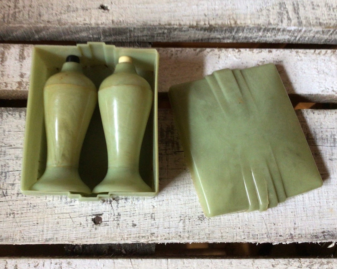 Vintage Salt and Pepper Shakers Art Deco Green Celluloid Set in Box