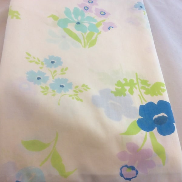 Vintage Full Flat Sheet Blue Flowered by Sears, Cottage Core Farmhouse Retro decor