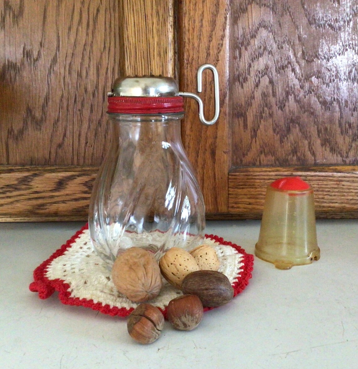 Vintage Glass Nut Grinder W Red Lid Hand Operated 1950s Red Etsy