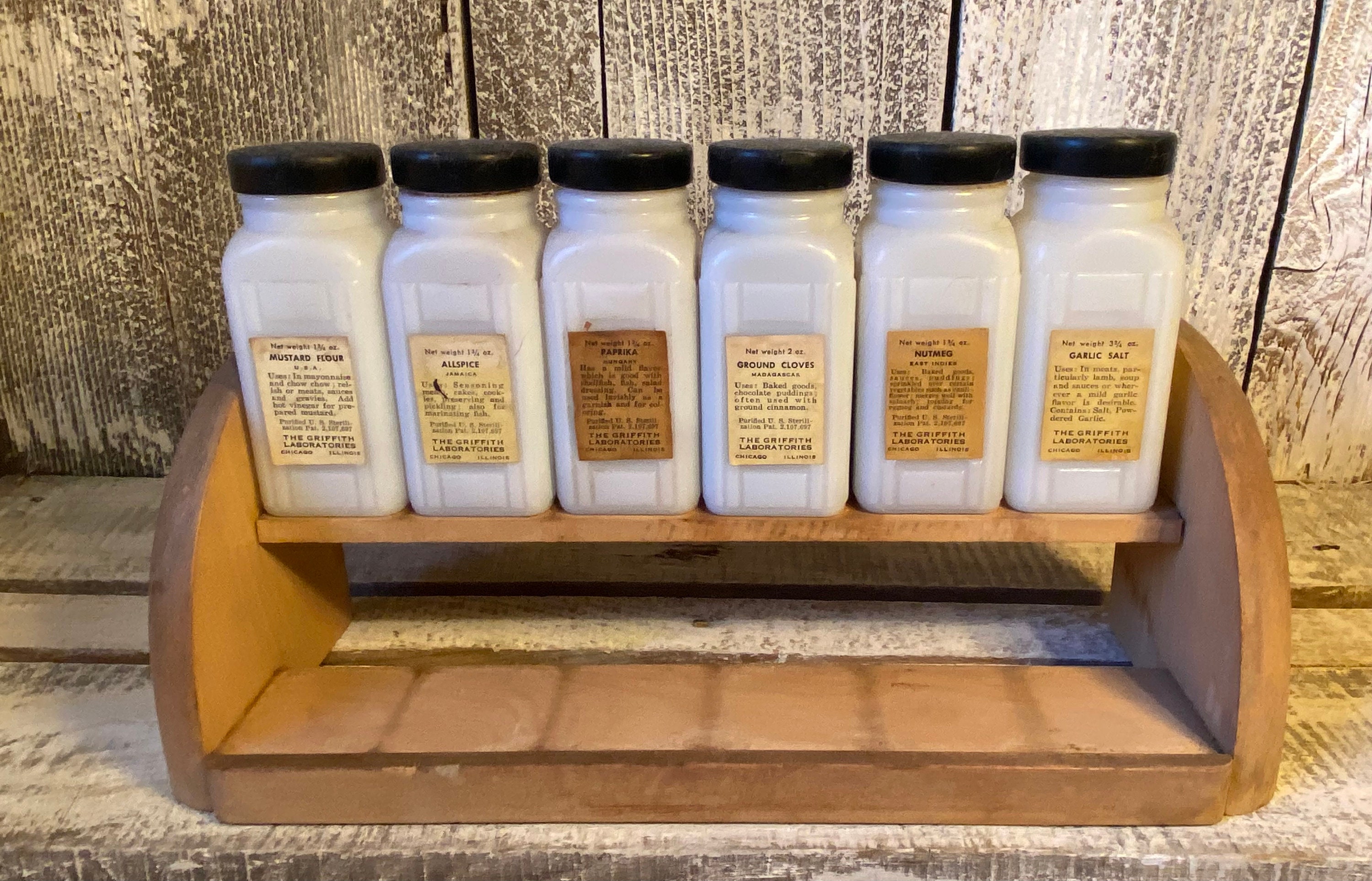 VINTAGE GRIFFITH SET OF 12 MILK GLASS SPICE JARS With Wooden Rack
