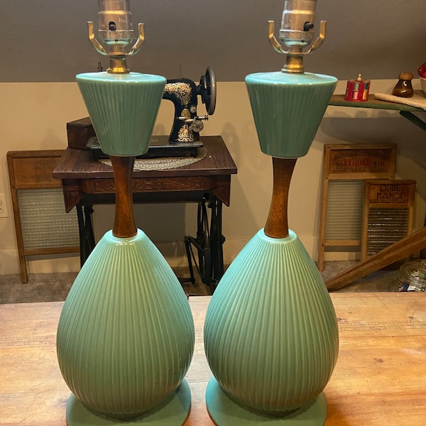 Mid Century Modern Pair Turquoise Ribbed Ceramic and Teak Table Lamps