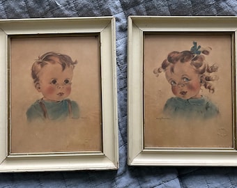 Vintage Butch and Curly Framed Art Prints 1940s by Anne Allaben Farrell, Children Portraits, Nursery Art