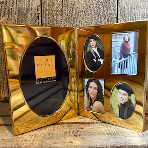 Vintage Gold 5 x 7” Double Frame with Collage, Bifold Gold Metal Frame for 4 x 6” and 2 x 3” Photos