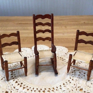 Vintage Wood Dollhouse Furniture 3 Pc Set of Chairs 1:12 Scale, Dollhouse Rush Seat Rocking Chair and 2 Side Chairs