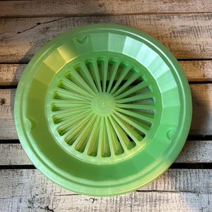May include: A light green plastic plate with a unique design. The plate has a raised outer rim and a central area with radiating spokes. The plate is made of a durable plastic material and is designed for everyday use.