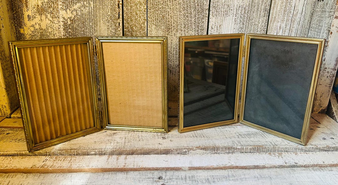 Vintage 5 X 7” Double Picture Frame Gold Tone Metal, Hinged Family ...