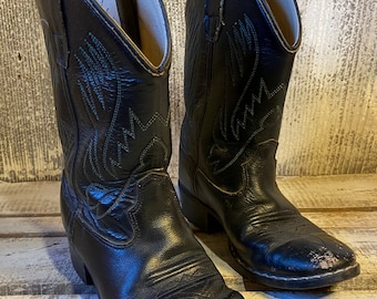 Vintage Child's Black Leather Cowboy Boots Old West, Child's Leather Cowboy Boots for Wearing or Decor