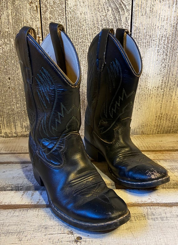 Vintage Child's Black Leather Cowboy Boots Old Wes