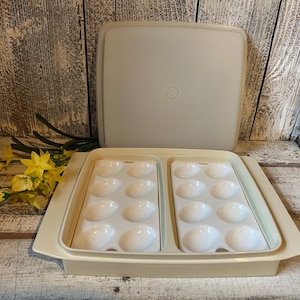 May include: A rectangular beige plastic egg storage container with a matching lid. The base features two removable white inserts, each containing eight molded oval indentations designed to hold sixteen eggs in total for organized storage.