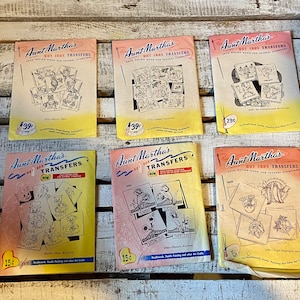 Vintage Aunt Martha Transfer Patterns x 6, Hot  Iron Transfers for Needlework Textile Painting