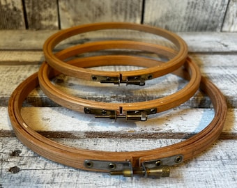 Vintage Wood Embroidery Hoops x 3 Round, 6” and 7” Old Wooden  Embroidery Hoops w Gold Toggle Tighteners