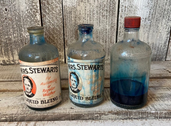 Vintage Mrs Stewarts Liquid Bluing Bottle W Paper Label, Laundry