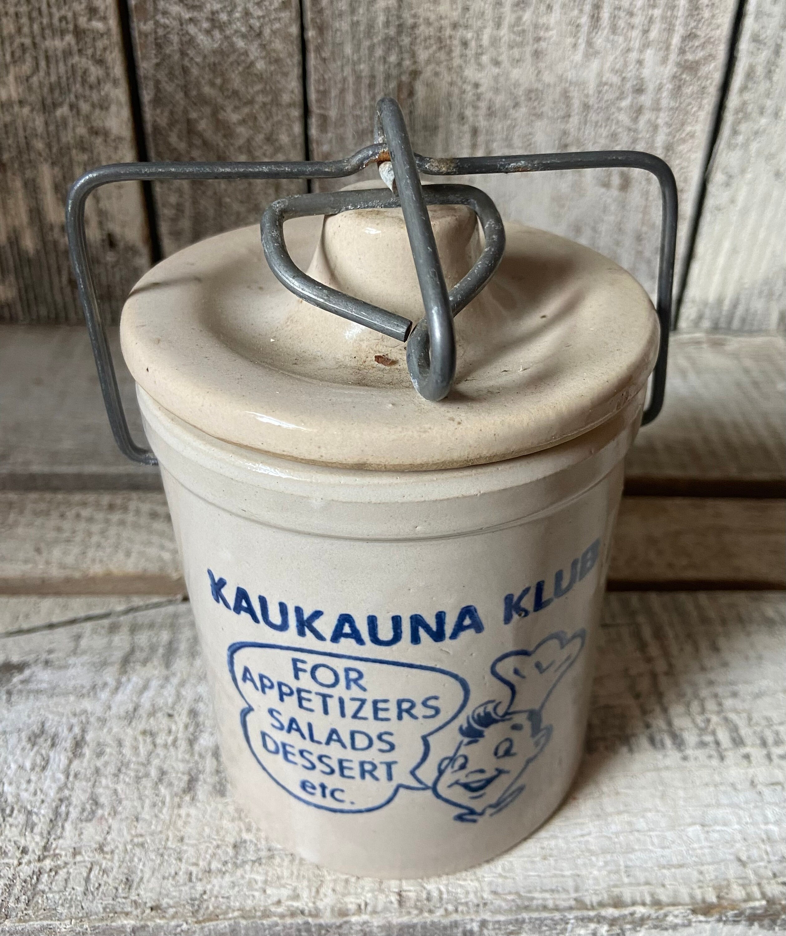 Kaukauna Klub Appetizer Crock / Small Farmhouse Stoneware Crock W/ Wire  Bale / Appetizer Sala Dessert Crock 