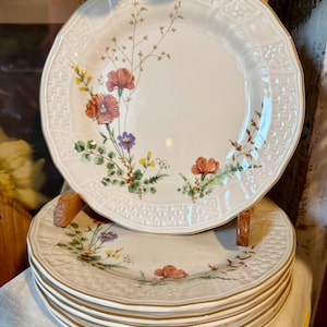 May include: A stack of cream-colored ceramic plates featuring a scalloped edge with a textured basket-weave pattern. Each plate is decorated with a delicate botanical illustration of small red, purple, and yellow wildflowers and green foliage.