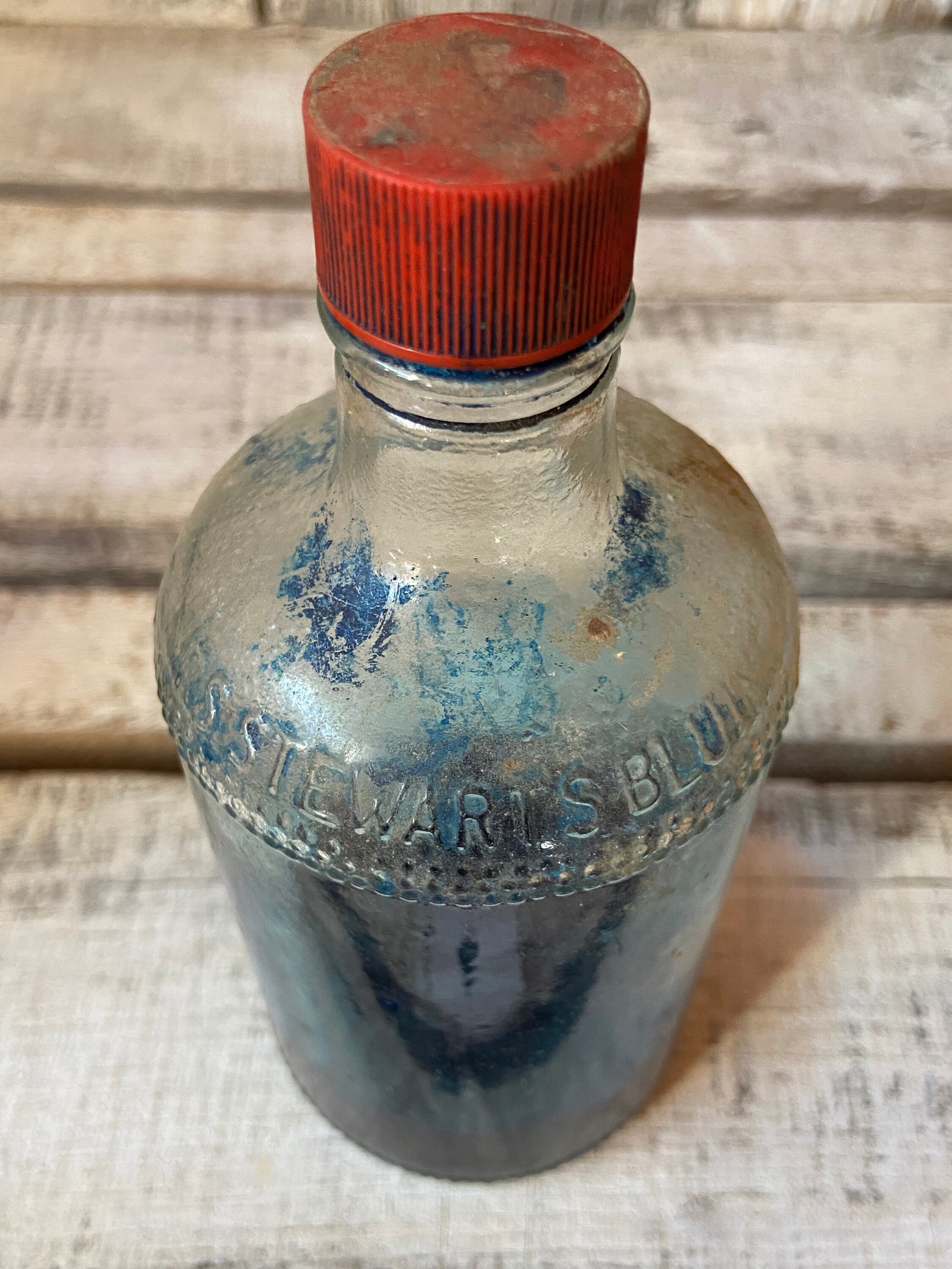Vintage Mrs Stewarts Liquid Bluing Bottle W Paper Label, Laundry