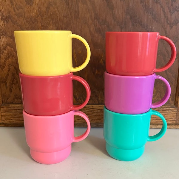 Vintage Tupperware Stackable Mugs x 6, Six Bright Colored Tupperware Cups