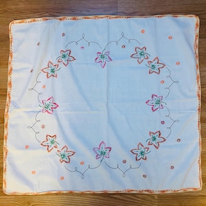Vintage Tablecloth White Cotton w Orange Crocheted Edging & Embroidered Flowers 33” x 35” Almost Square, Small Embroidered Tablecloth