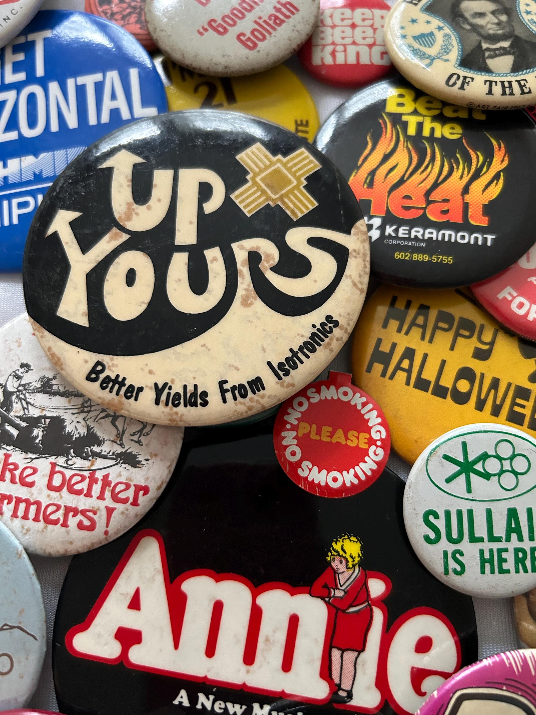 Vintage Pinback Button Collection: 1960s-90s Political, Comedy