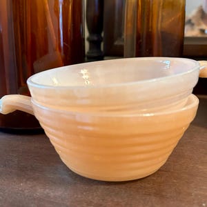 Vintage Fire King Peach Luster Soup Bowls 2 Pc Set, Two Peach Lustre Bowls w Handles