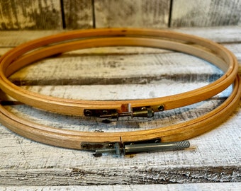 Vintage Wood Embroidery Hoops x Two 10” Round w Long Silver Toggle Tighteners, Cross Stitch Needlepoint Hoops