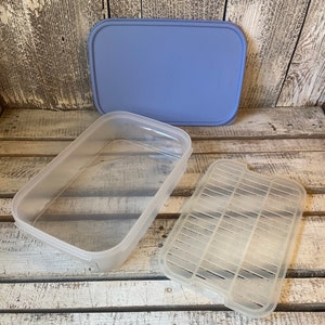 May include: A rectangular food storage container set consisting of a clear plastic base, a matching light blue lid, and a separate translucent plastic insert tray with a slatted design for drainage, all displayed as individual components.
