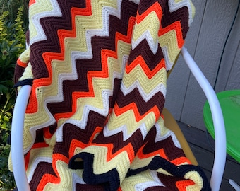 Vintage Crocheted Chevron Afghan: Granny Core Style, Yellow Orange Brown