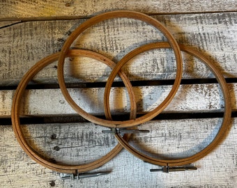 Vintage Wood Embroidery Hoops 3 x 6” Round Unlined w Long Silver Tighteners, Three Old Wooden  Embroidery Hoops w Silver Toggle Tighteners