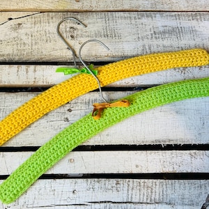Vintage Crocheted Covered Wood Clothes Hangers x 2, Crocheted Green and Yellow Clothes Hangers, Crochet over Wood Hangers