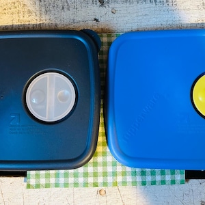 May include: Two plastic food storage container lids, one navy blue and one bright blue. The navy lid has a white center, and the blue lid has a yellow center. Both lids are square with rounded corners.