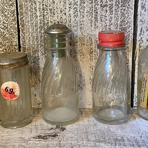 Vintage Clear Glass Bottles w Tops x 5 Small , Assortment 5 Little Clear Old Bottles, Bottle Collection