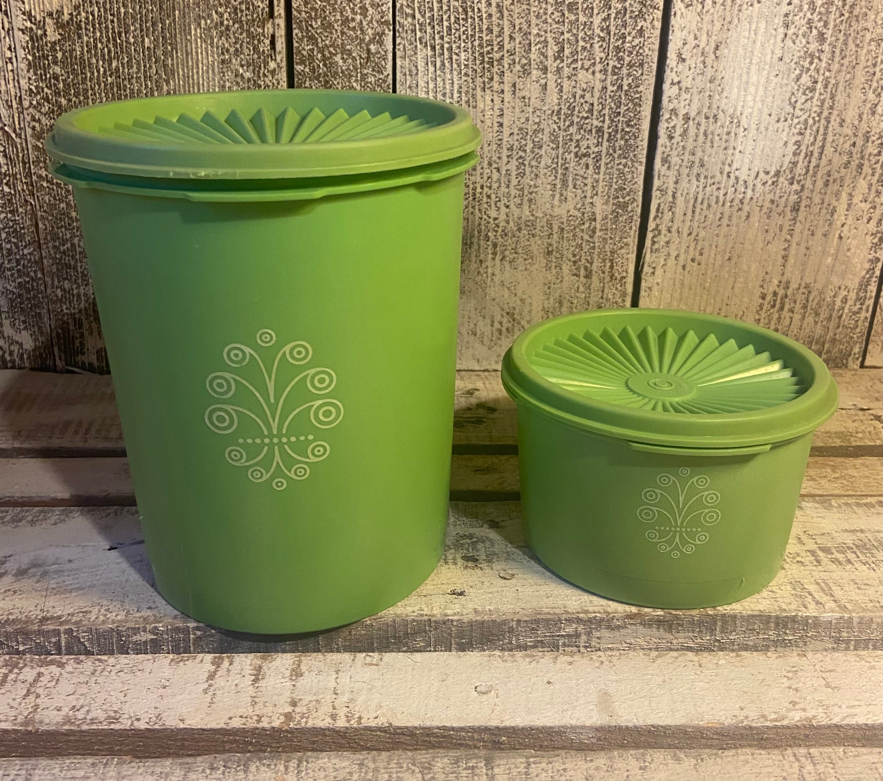 TUPPERWARE 2 Pc Classic COLORED REMINDER Canister Set TWO JR Green Can –  Plastic Glass and Wax ~ PGW