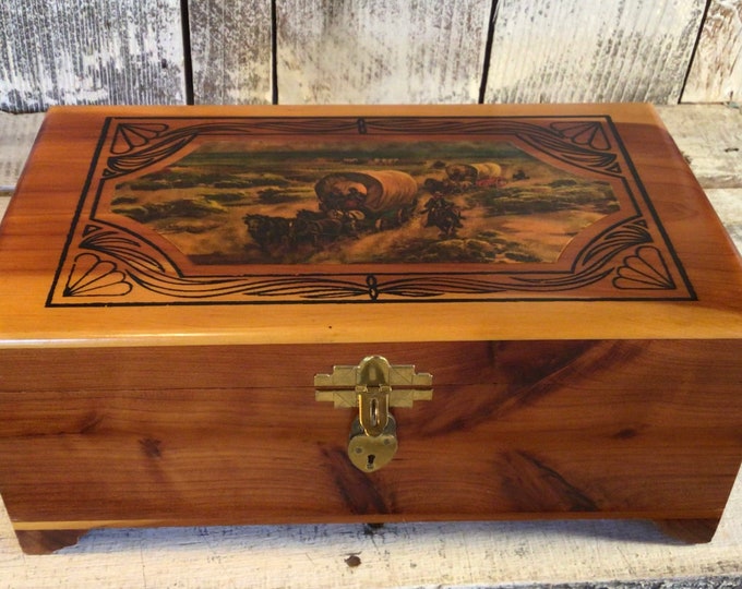Vintage Cedar Chest Jewelry Box W Stagecoach on Lid Etsy