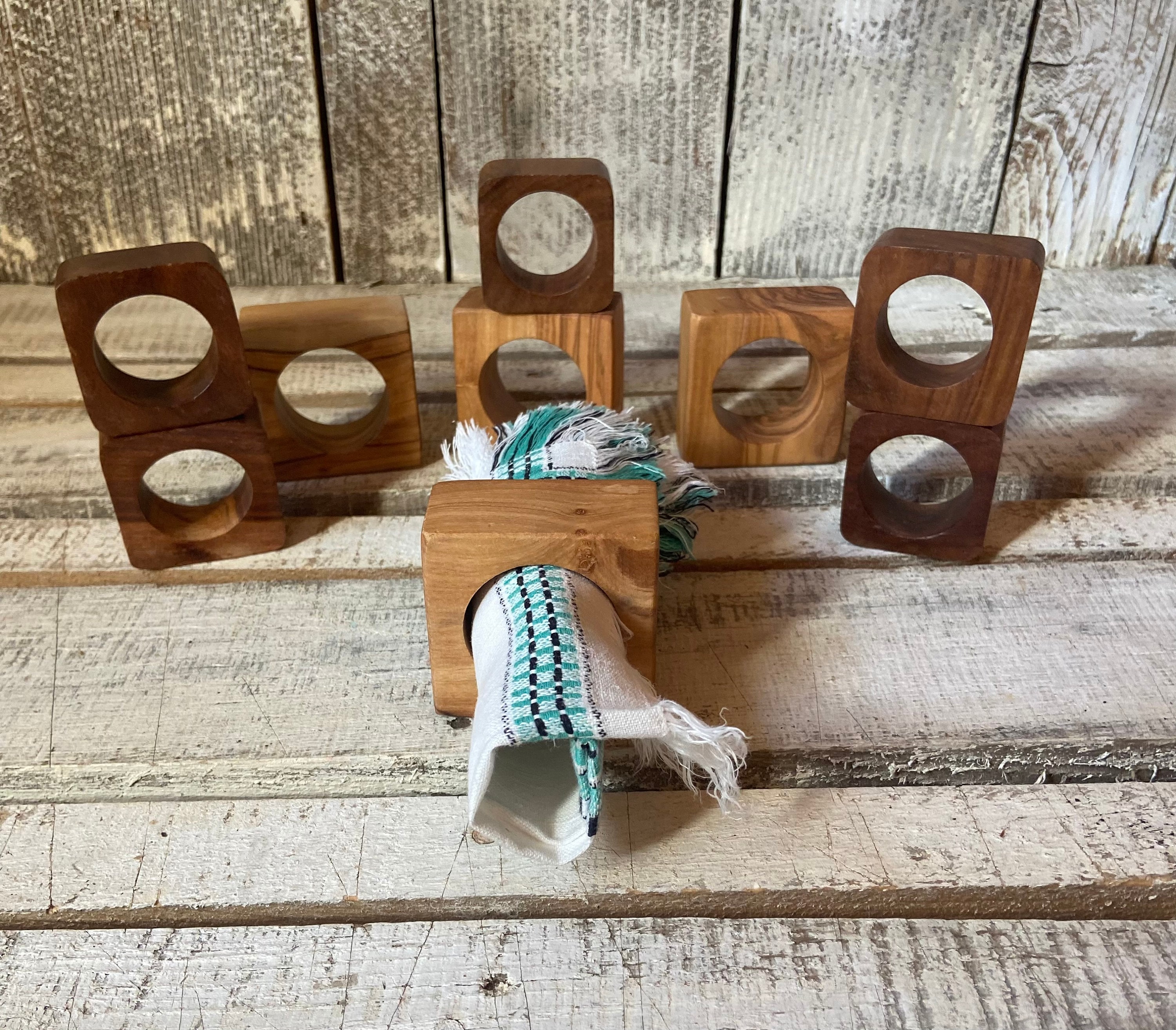 Vintage Wood Napkin Rings Set of 9, Square Wooden Napkin Rings Set