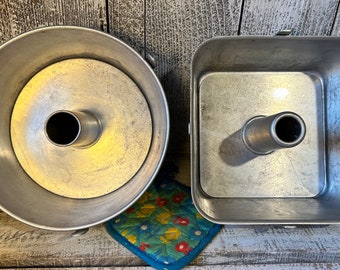 Vintage Square or Round Aluminum Angel Food Cake Pan , 2 Piece Aluminum 9” Square or Round Angel Food Cake Pan USA Made